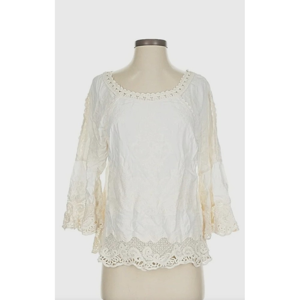 Democracy Womens‎ Size M Cream Lace Boho Peasant Blouse Cold Shoulder Top 1147R4